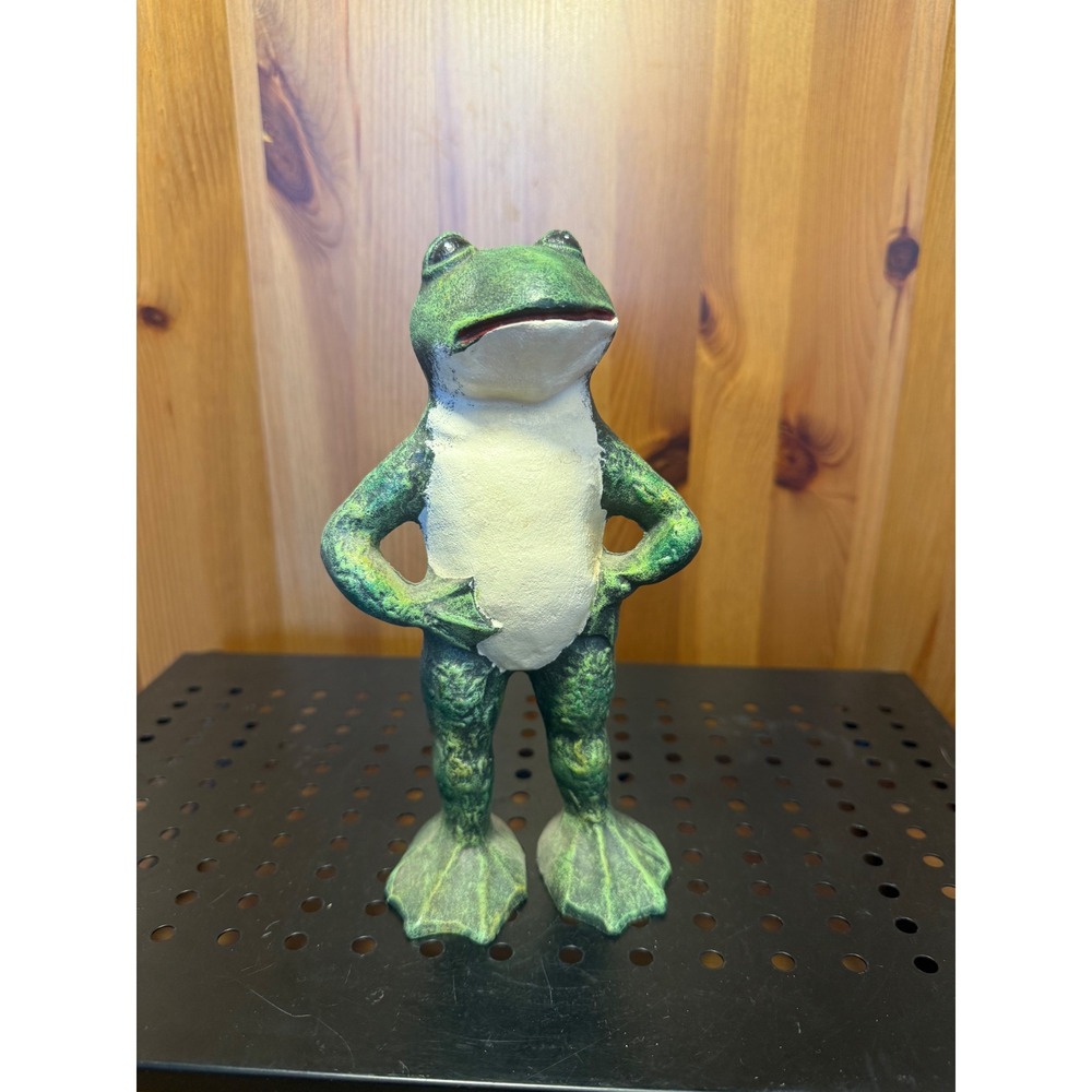 Vintage Cast Iron Standing Frog Figurine Green Verdigris Garden Doorstop 8"